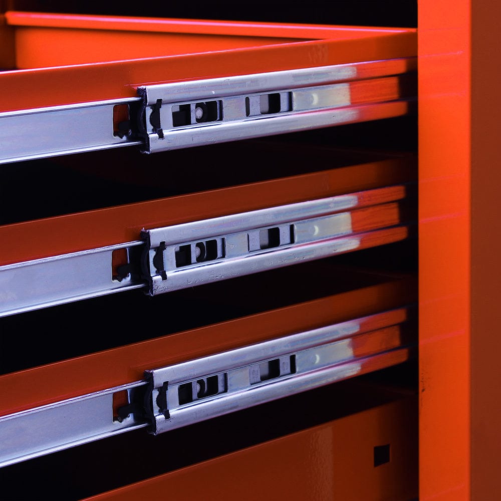 Maxim Pro Series 72” & 54” Side locker MAXIM 72” & 54” Orange Locker with 5 Drawers attaches to the Roll Cabinet