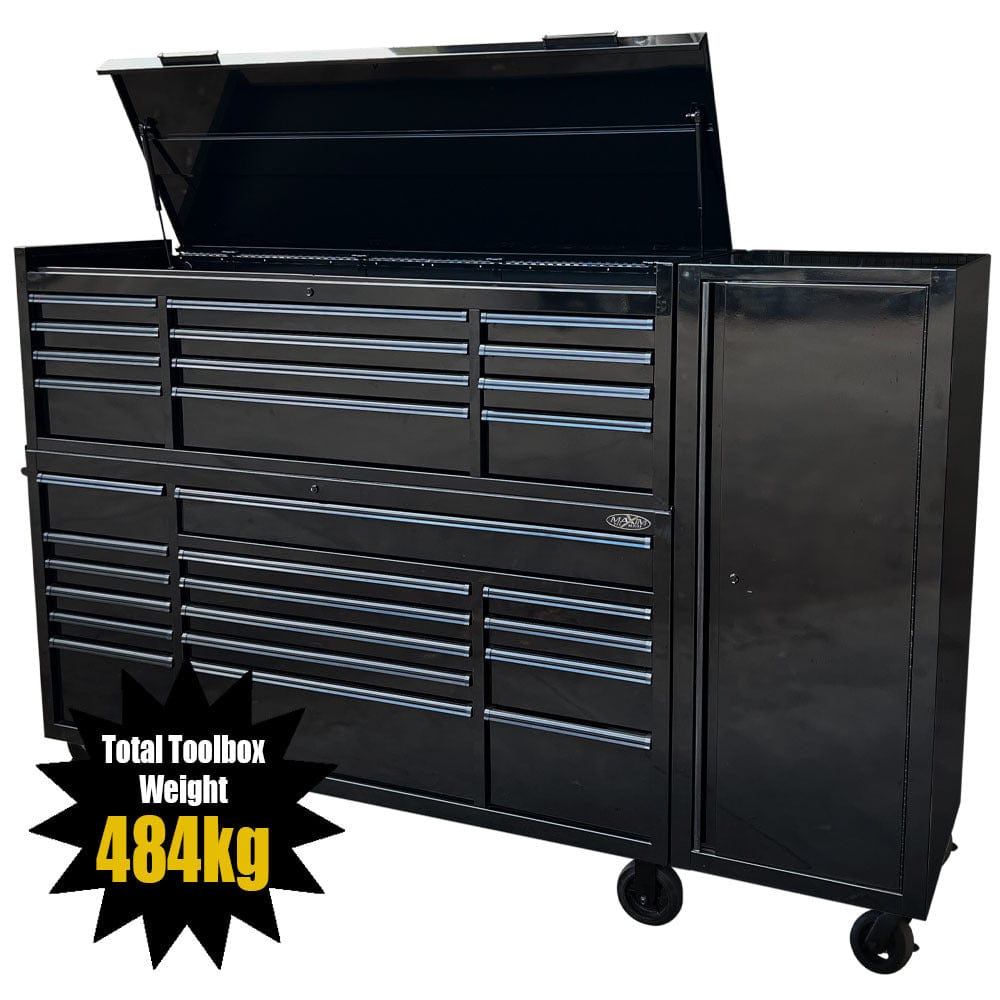 Maxim Pro Series 72” Combo - 72” Roll cabinet, 72” Top chest, 22” Side Locker MAXIM 72” Black 33 Drawer Toolbox Top Chest, Roll Cabinet & Locker Combo