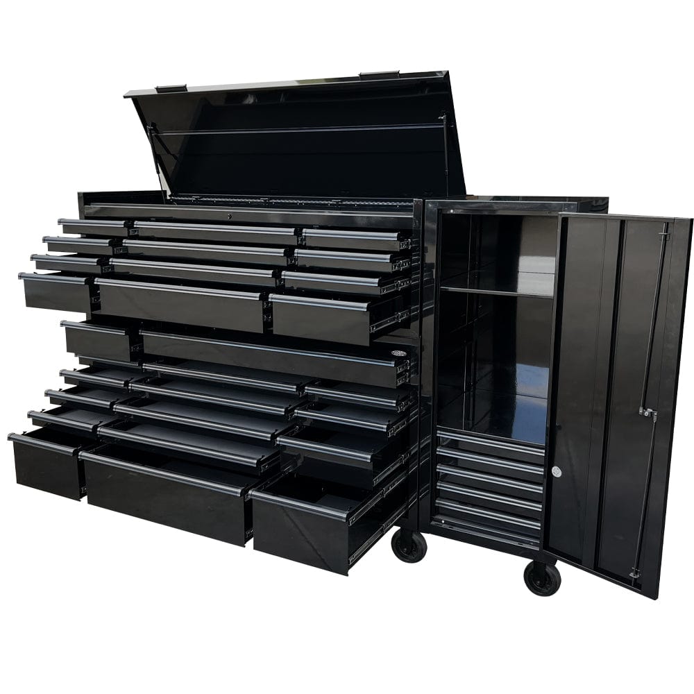 Maxim Pro Series 72” Combo - 72” Roll cabinet, 72” Top chest, 22” Side Locker MAXIM 72” Black 33 Drawer Toolbox Top Chest, Roll Cabinet & Locker Combo