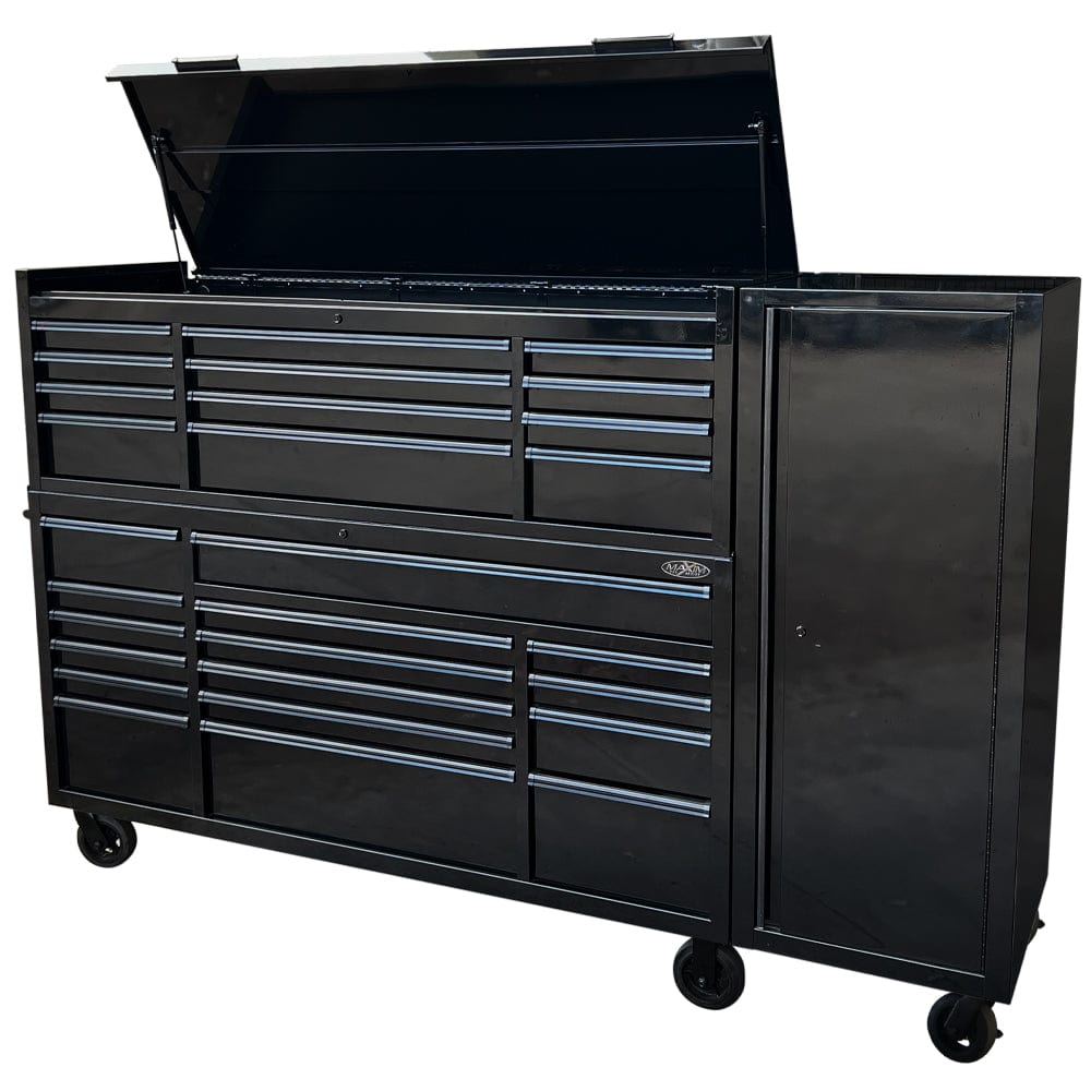 Maxim Pro Series 72” Combo - 72” Roll cabinet, 72” Top chest, 22” Side Locker MAXIM 72” Black 33 Drawer Toolbox Top Chest, Roll Cabinet & Locker Combo