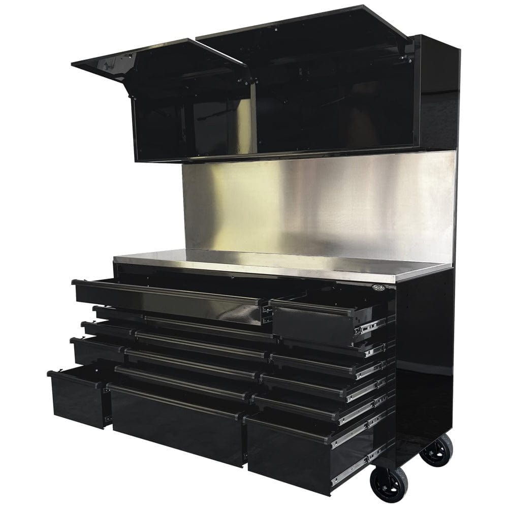 Maxim Pro Series 72” Combo - 72” Roll cabinet, 72” Top chest, 72” Splashback MAXIM 72” Black 16 Drawers Peg Board 2 x Cabinets on Wheels Workstation