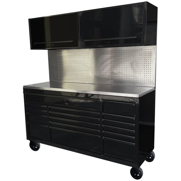 Maxim Pro Series 72” Combo - 72” Roll cabinet, 72” Top chest, 72” Splashback MAXIM 72” Black 16 Drawers Peg Board 2 x Cabinets on Wheels Workstation