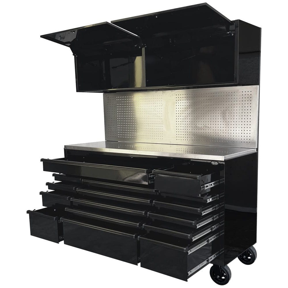 Maxim Pro Series 72” Combo - 72” Roll cabinet, 72” Top chest, 72” Splashback MAXIM 72” Black 16 Drawers Peg Board 2 x Cabinets on Wheels Workstation