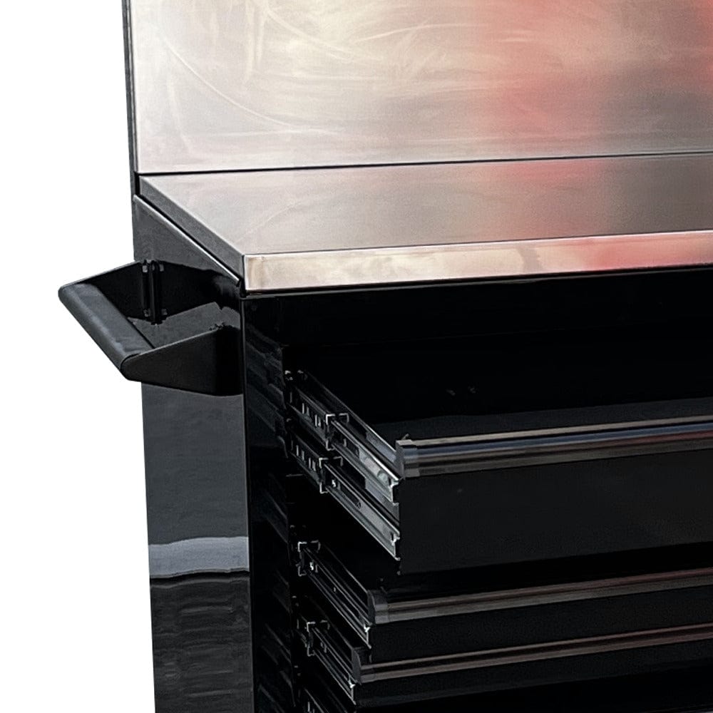 Maxim Pro Series 72” Combo - 72” Roll cabinet, 72” Top chest, 72” Splashback MAXIM 72” Black 16 Drawers Splashback, 2 x Cabinets Workstation