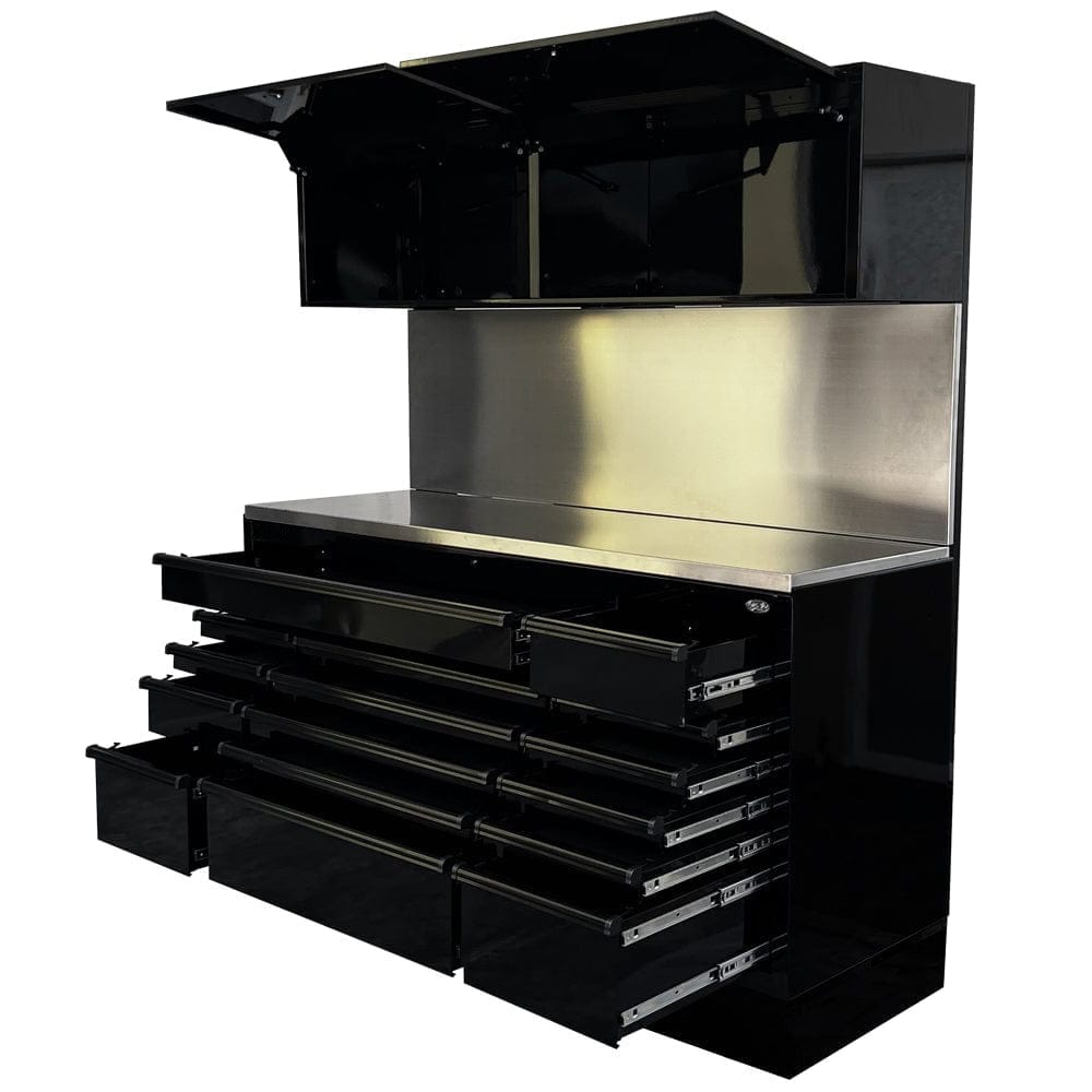 Maxim Pro Series 72” Combo - 72” Roll cabinet, 72” Top chest, 72” Splashback MAXIM 72” Black 16 Drawers Splashback, 2 x Cabinets Workstation