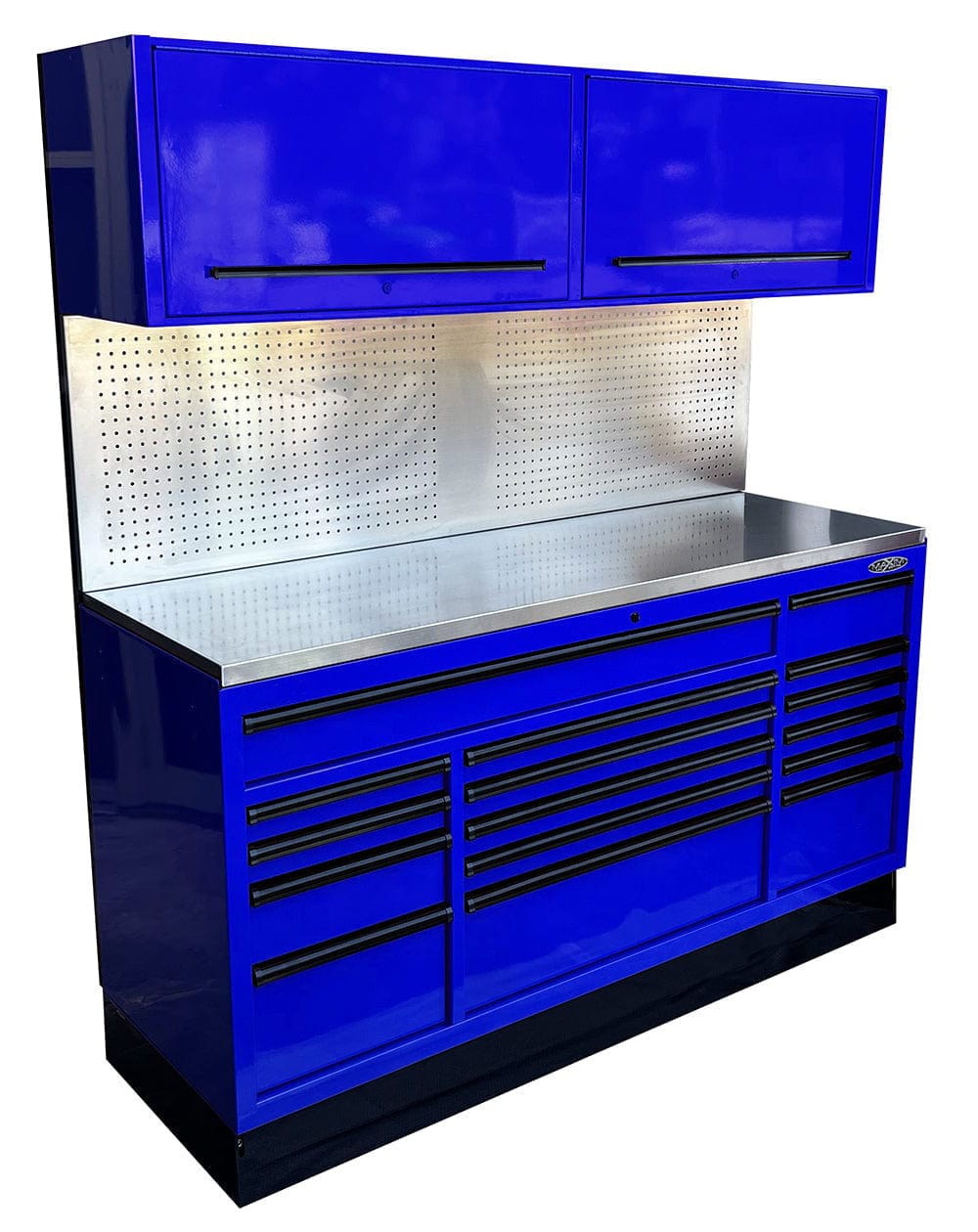 Maxim Pro Series 72” Combo - 72” Roll cabinet, 72” Top chest, 72” Splashback MAXIM 72” Blue 16 Drawers Splashback, 2 x Cabinets Workstation