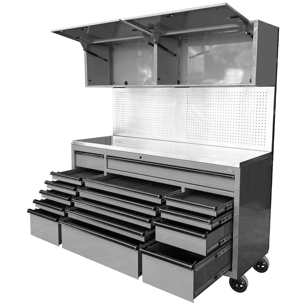 Maxim Pro Series 72” Combo - 72” Roll cabinet, 72” Top chest, 72” Splashback MAXIM 72” Nardo Grey 16 Drawers Peg Board 2 x Cabinets on Wheels Workstation