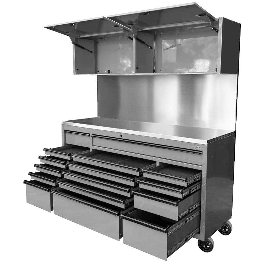 Maxim Pro Series 72” Combo - 72” Roll cabinet, 72” Top chest, 72” Splashback MAXIM 72” Nardo Grey 16 Drawers Peg Board 2 x Cabinets on Wheels Workstation