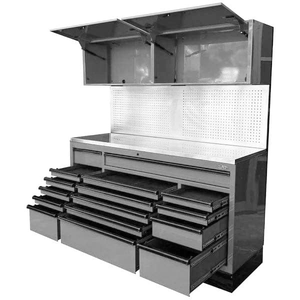 Maxim Pro Series 72” Combo - 72” Roll cabinet, 72” Top chest, 72” Splashback MAXIM 72” Nardo Grey 16 Drawers Splashback, 2 x Cabinets Workstation