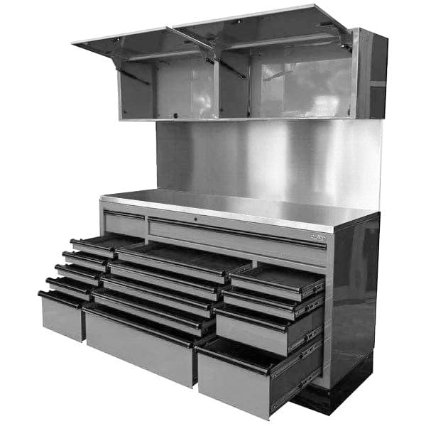 Maxim Pro Series 72” Combo - 72” Roll cabinet, 72” Top chest, 72” Splashback MAXIM 72” Nardo Grey 16 Drawers Splashback, 2 x Cabinets Workstation