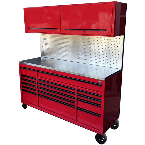 Maxim Pro Series 72” Combo - 72” Roll cabinet, 72” Top chest, 72” Splashback MAXIM 72” Red 16 Drawers 2 x Cabinets and Peg Board on Wheels Workstation