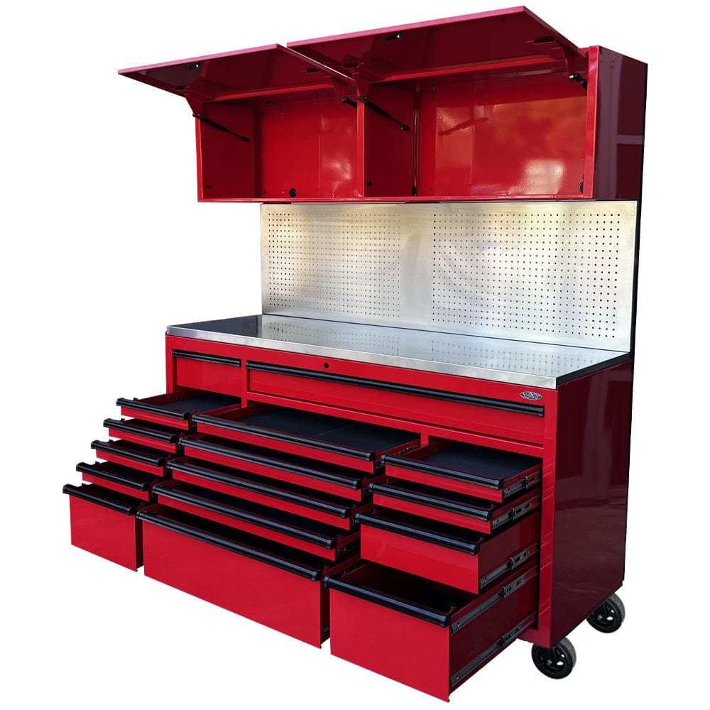 Maxim Pro Series 72” Combo - 72” Roll cabinet, 72” Top chest, 72” Splashback MAXIM 72” Red 16 Drawers 2 x Cabinets and Peg Board on Wheels Workstation