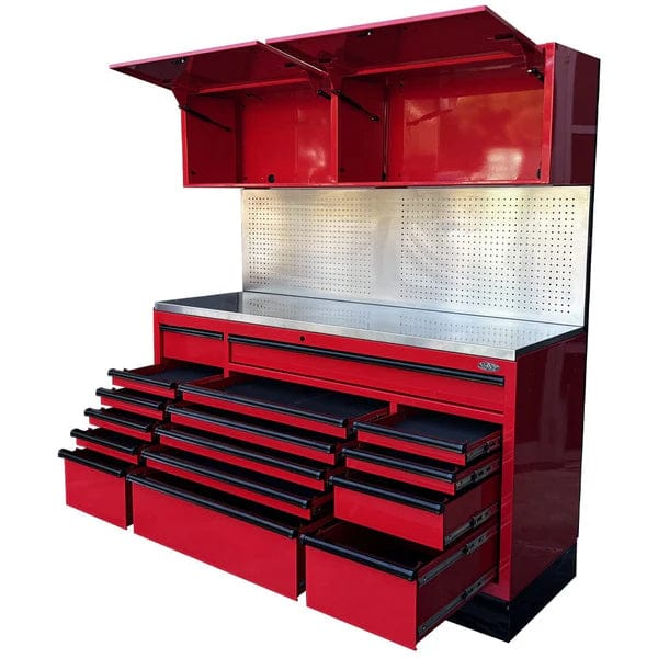 Maxim Pro Series 72” Combo - 72” Roll cabinet, 72” Top chest, 72” Splashback MAXIM 72” Red 16 Drawers Splashback, 2 x Cabinets Workstation