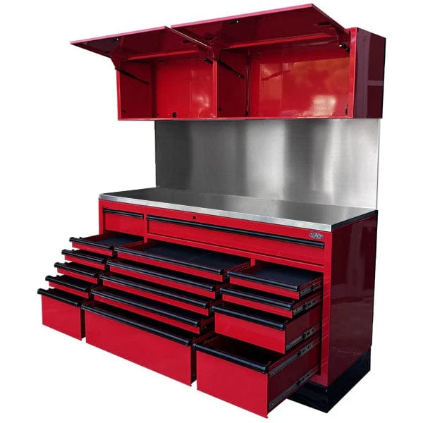 Maxim Pro Series 72” Combo - 72” Roll cabinet, 72” Top chest, 72” Splashback MAXIM 72” Red 16 Drawers Splashback, 2 x Cabinets Workstation