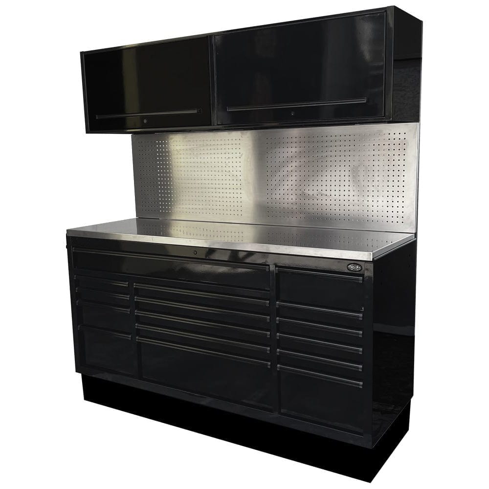 Maxim Pro Series 72” Combo - 72” Roll cabinet, 72” Top chest, 72” Splashback Peg Board MAXIM 72” Black 16 Drawers Splashback, 2 x Cabinets Workstation