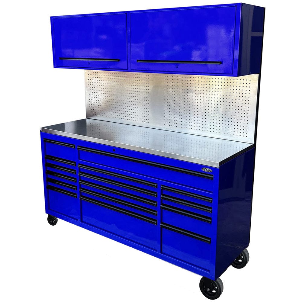 Maxim Pro Series 72” Combo - 72” Roll cabinet, 72” Top chest, 72” Splashback Peg Board MAXIM 72” Blue 16 Drawers Peg Board 2 x Cabinets on Wheels Workstation