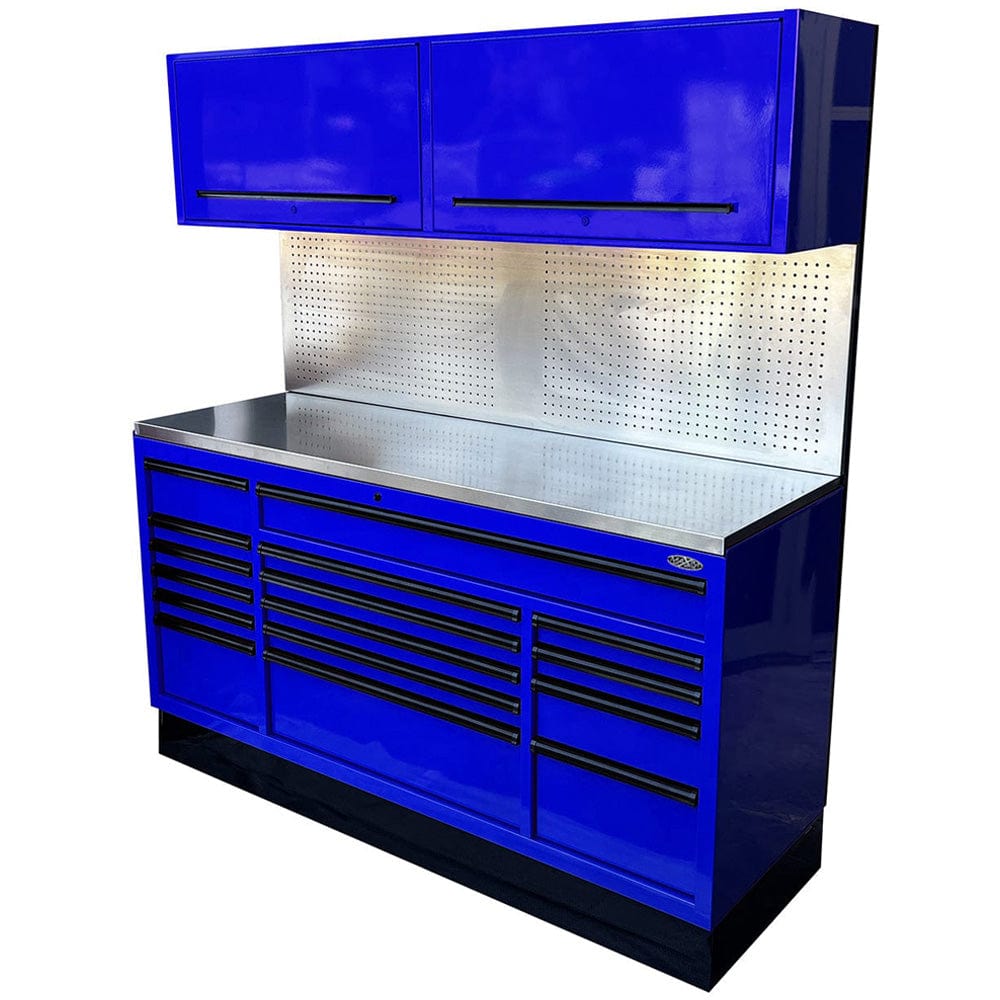 Maxim Pro Series 72” Combo - 72” Roll cabinet, 72” Top chest, 72” Splashback Peg Board MAXIM 72” Blue 16 Drawers Splashback, 2 x Cabinets Workstation