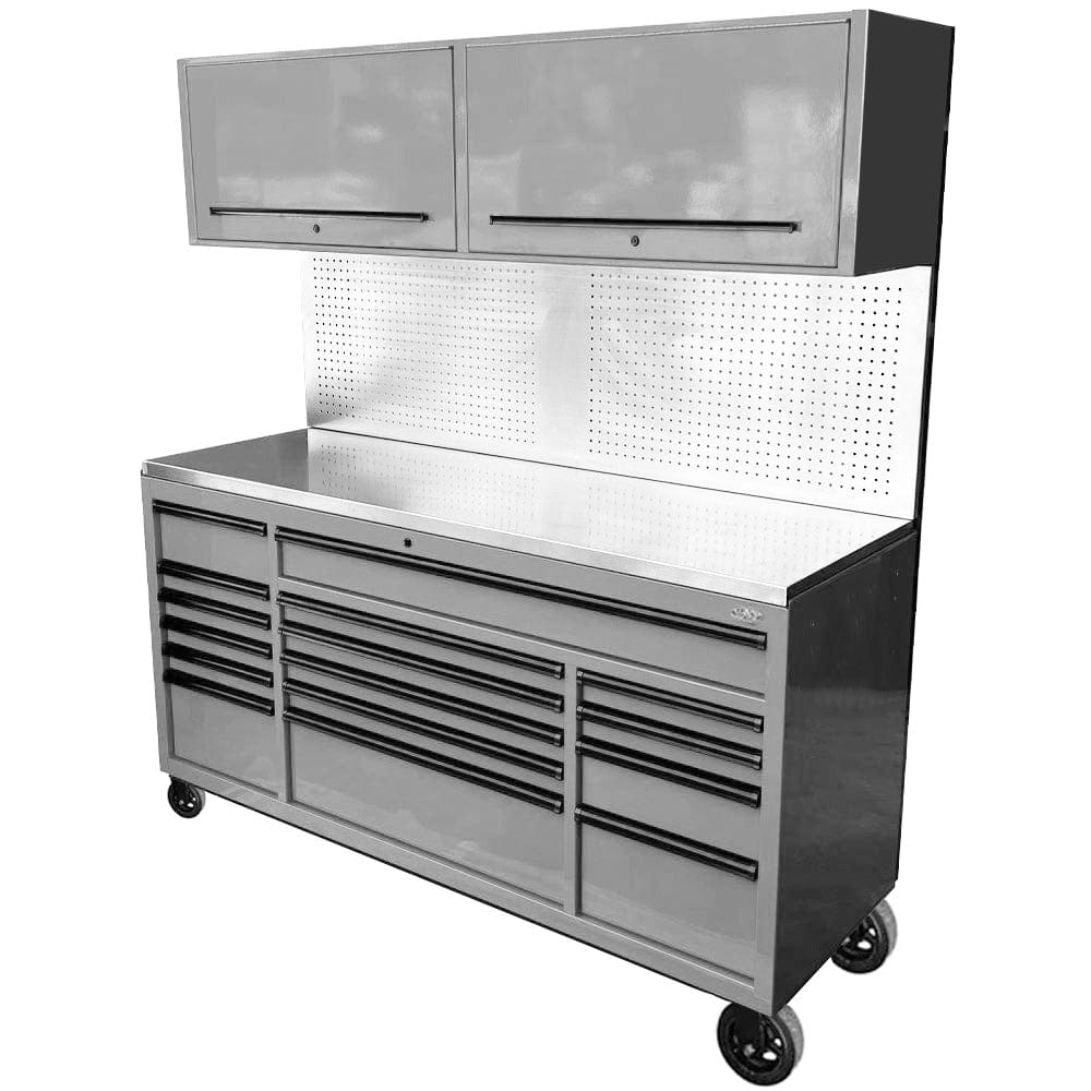 Maxim Pro Series 72” Combo - 72” Roll cabinet, 72” Top chest, 72” Splashback Peg Board MAXIM 72” Nardo Grey 16 Drawers Peg Board 2 x Cabinets on Wheels Workstation