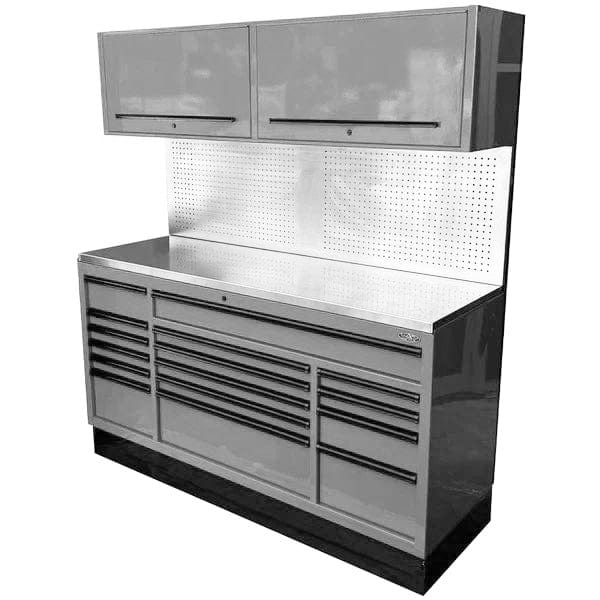 Maxim Pro Series 72” Combo - 72” Roll cabinet, 72” Top chest, 72” Splashback Peg Board MAXIM 72” Nardo Grey 16 Drawers Splashback, 2 x Cabinets Workstation