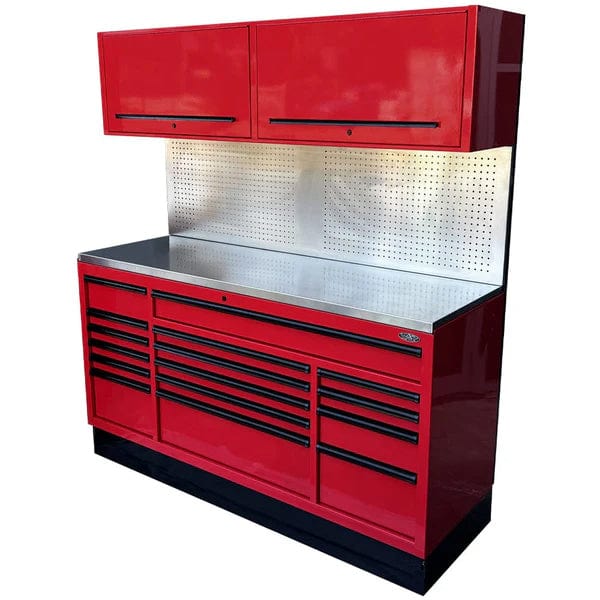 Maxim Pro Series 72” Combo - 72” Roll cabinet, 72” Top chest, 72” Splashback Peg Board MAXIM 72” Red 16 Drawers Splashback, 2 x Cabinets Workstation