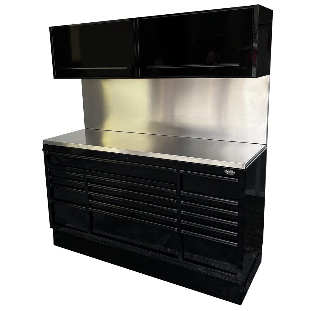 Maxim Pro Series 72” Combo - 72” Roll cabinet, 72” Top chest, 72” Splashback Solid Board MAXIM 72” Black 16 Drawers Splashback, 2 x Cabinets Workstation