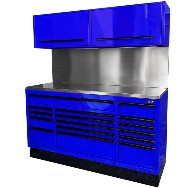 Maxim Pro Series 72” Combo - 72” Roll cabinet, 72” Top chest, 72” Splashback Solid Board MAXIM 72” Blue 16 Drawers Splashback, 2 x Cabinets Workstation