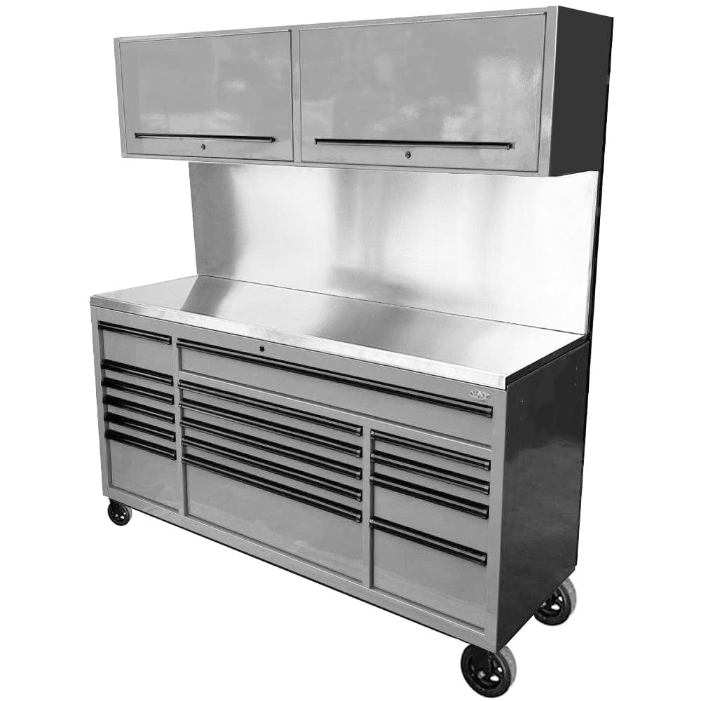 Maxim Pro Series 72” Combo - 72” Roll cabinet, 72” Top chest, 72” Splashback Solid Board MAXIM 72” Nardo Grey 16 Drawers Peg Board 2 x Cabinets on Wheels Workstation