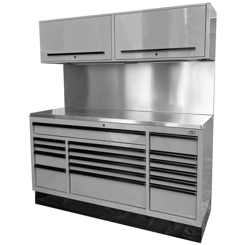 Maxim Pro Series 72” Combo - 72” Roll cabinet, 72” Top chest, 72” Splashback Solid Board MAXIM 72” Nardo Grey 16 Drawers Splashback, 2 x Cabinets Workstation