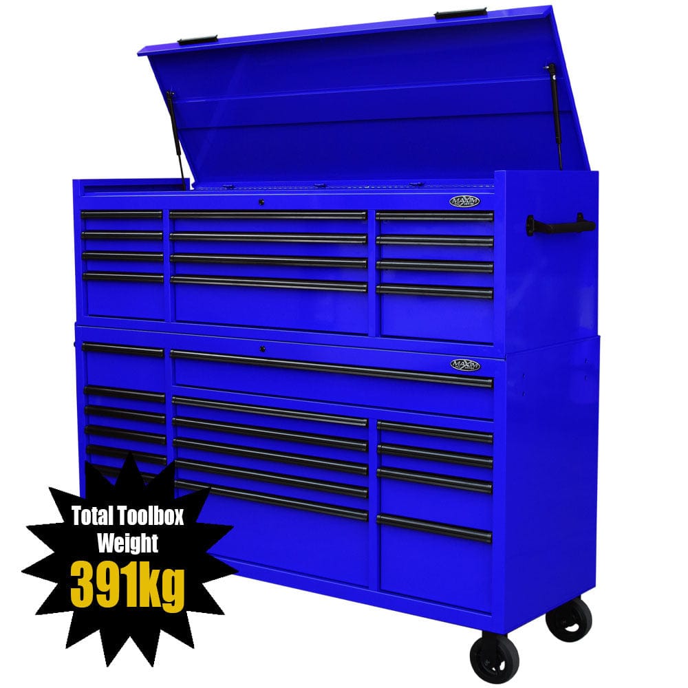 Maxim Pro Series 72” Combo - 72” Roll cabinet, 72” Top chest MAXIM 72” Blue 28 Drawers Top Chest & Roll Cabinet Combo Toolbox