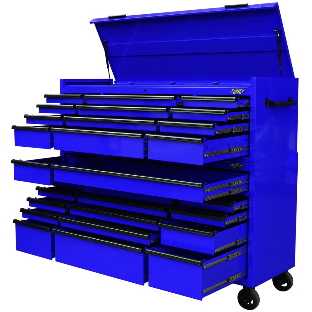 Maxim Pro Series 72” Combo - 72” Roll cabinet, 72” Top chest MAXIM 72” Blue 28 Drawers Top Chest & Roll Cabinet Combo Toolbox