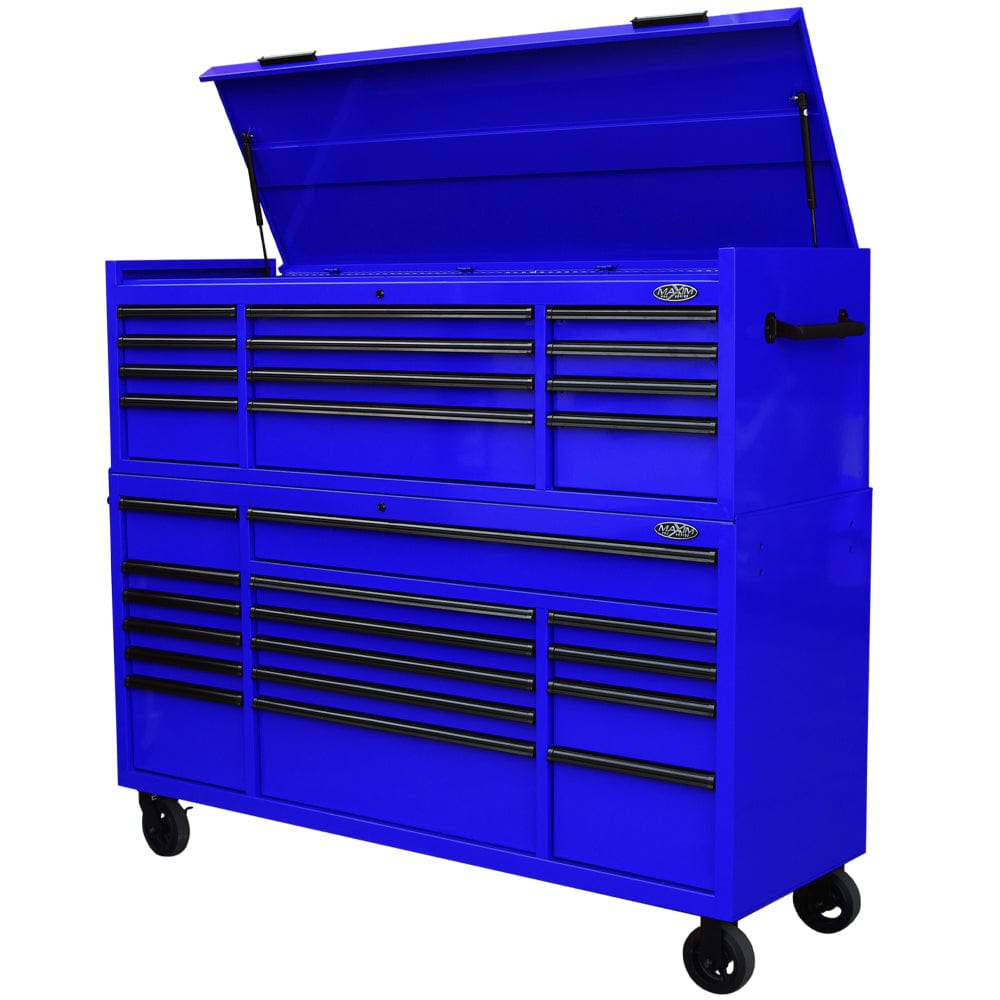 Maxim Pro Series 72” Combo - 72” Roll cabinet, 72” Top chest MAXIM 72” Blue 28 Drawers Top Chest & Roll Cabinet Combo Toolbox