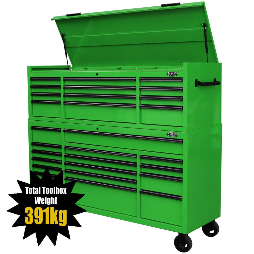 Maxim Pro Series 72” Combo - 72” Roll cabinet, 72” Top chest MAXIM 72” Green 28 Drawers Top Chest & Roll Cabinet Combo Toolbox