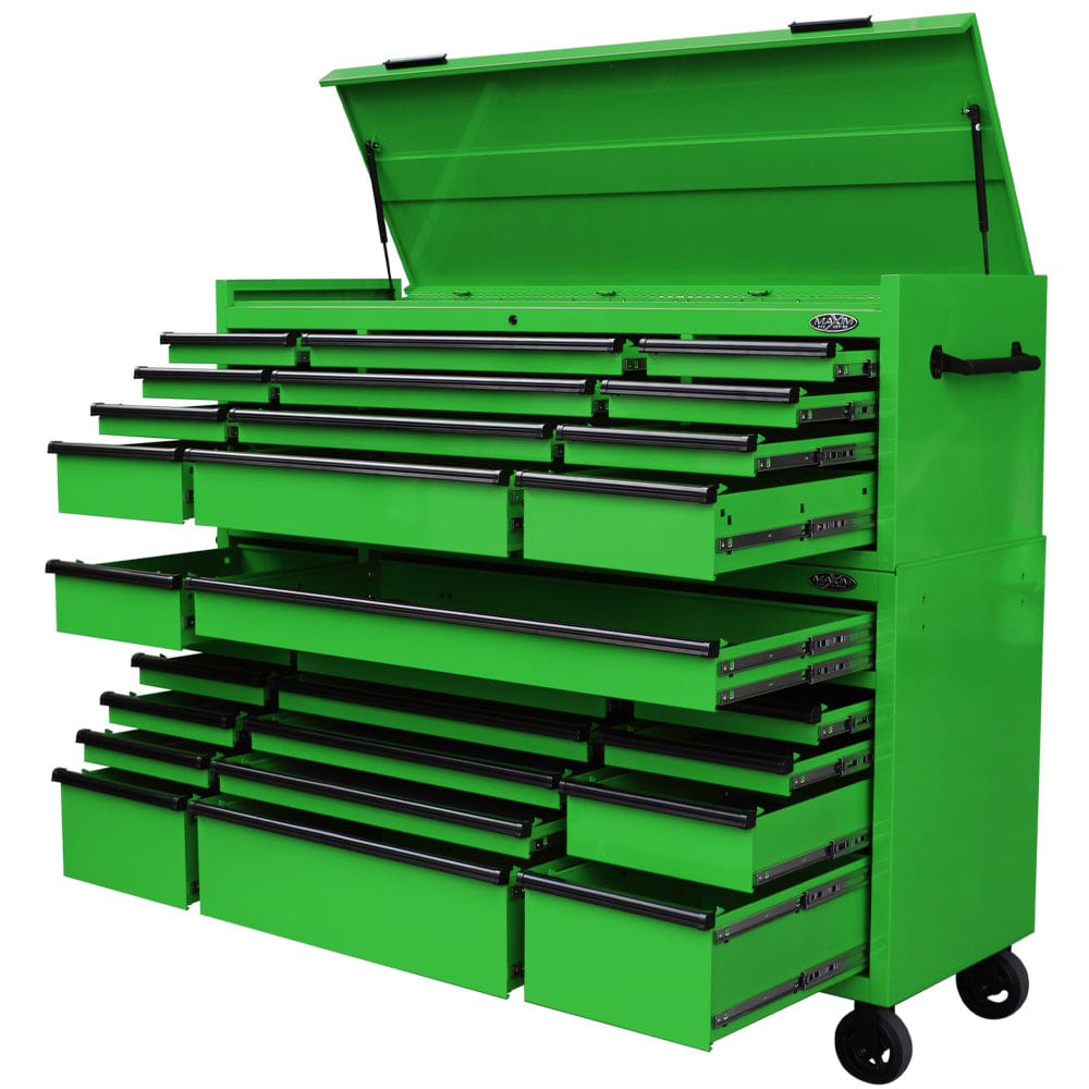 Maxim Pro Series 72” Combo - 72” Roll cabinet, 72” Top chest MAXIM 72” Green 28 Drawers Top Chest & Roll Cabinet Combo Toolbox