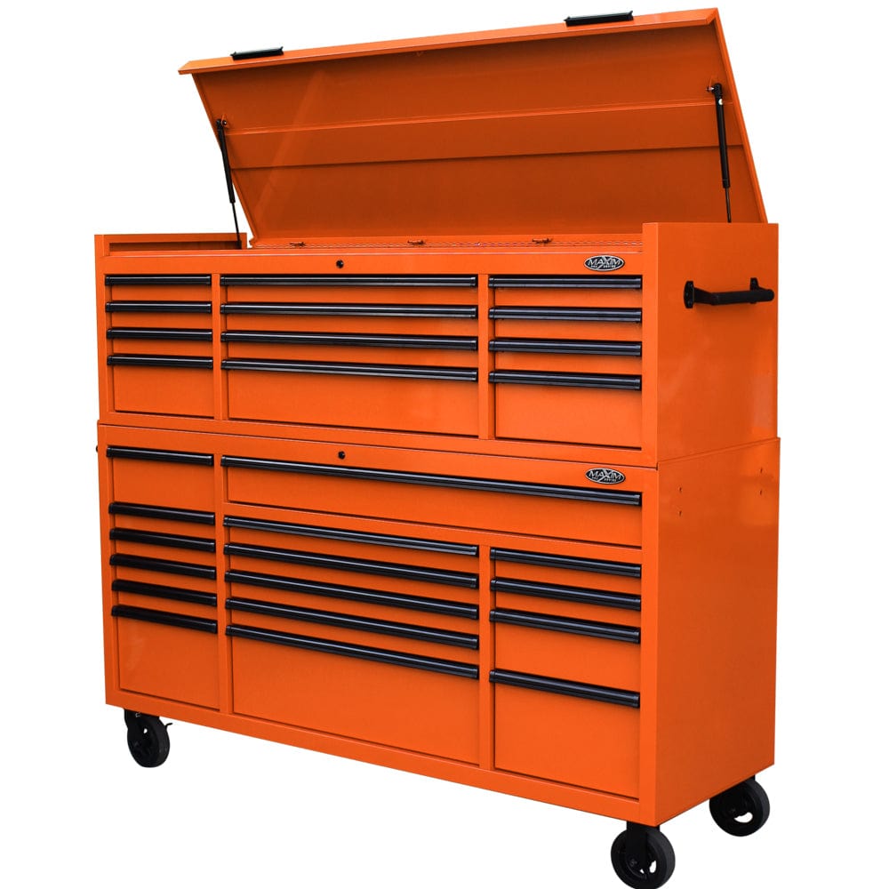 Maxim Pro Series 72” Combo - 72” Roll cabinet, 72” Top chest MAXIM 72” Orange 28 Drawer Top Chest & Roll Cabinet Combo Toolbox