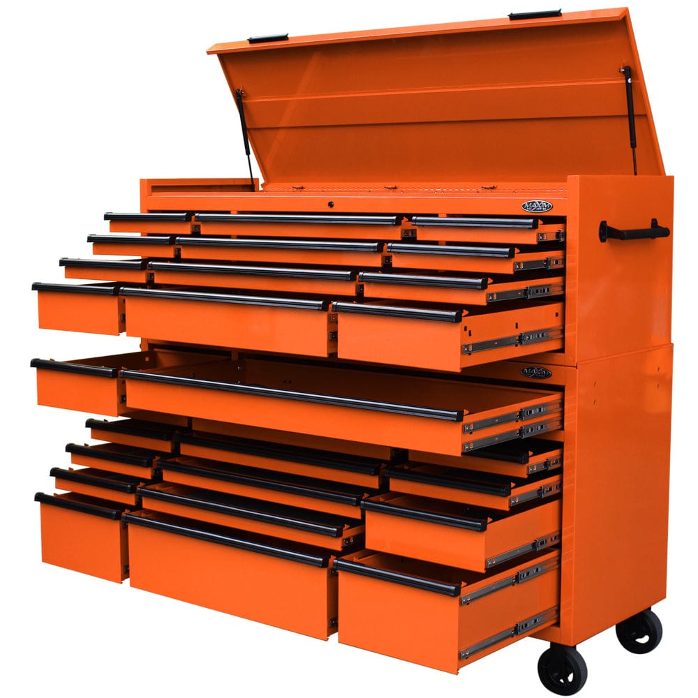 Maxim Pro Series 72” Combo - 72” Roll cabinet, 72” Top chest MAXIM 72” Orange 28 Drawer Top Chest & Roll Cabinet Combo Toolbox