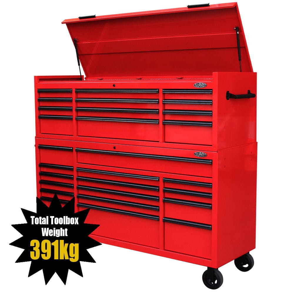 Maxim Pro Series 72” Combo - 72” Roll cabinet, 72” Top chest MAXIM 72” Red 28 Drawers Top Chest & Roll Cabinet Combo Toolbox