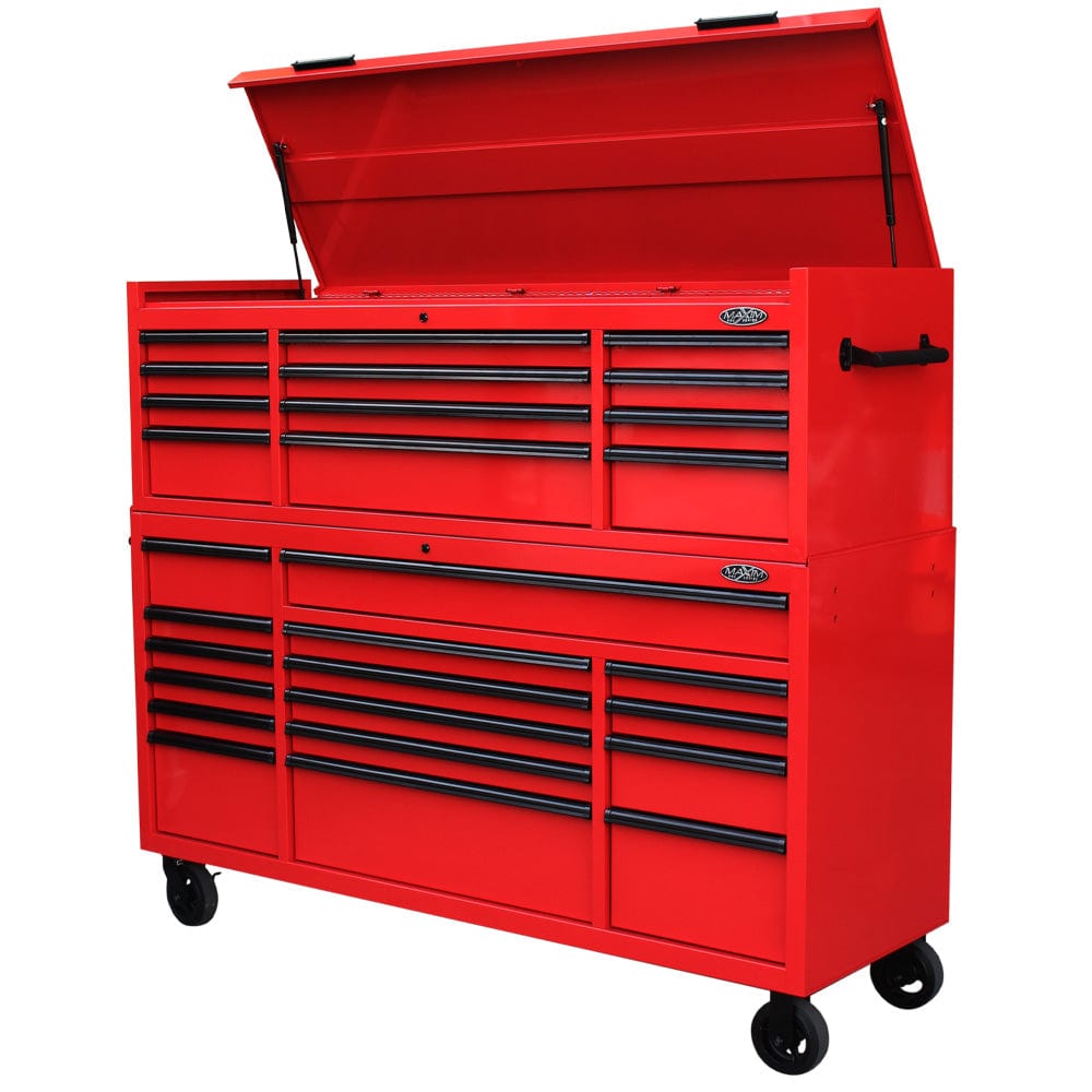 Maxim Pro Series 72” Combo - 72” Roll cabinet, 72” Top chest MAXIM 72” Red 28 Drawers Top Chest & Roll Cabinet Combo Toolbox