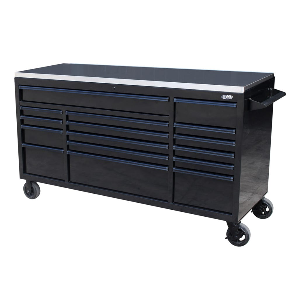Maxim Pro Series 72” Workstation - 72” Roll cabinet +/- Stainless Steel Top MAXIM 72” Black 16 Drawer Roll Cabinet Toolbox