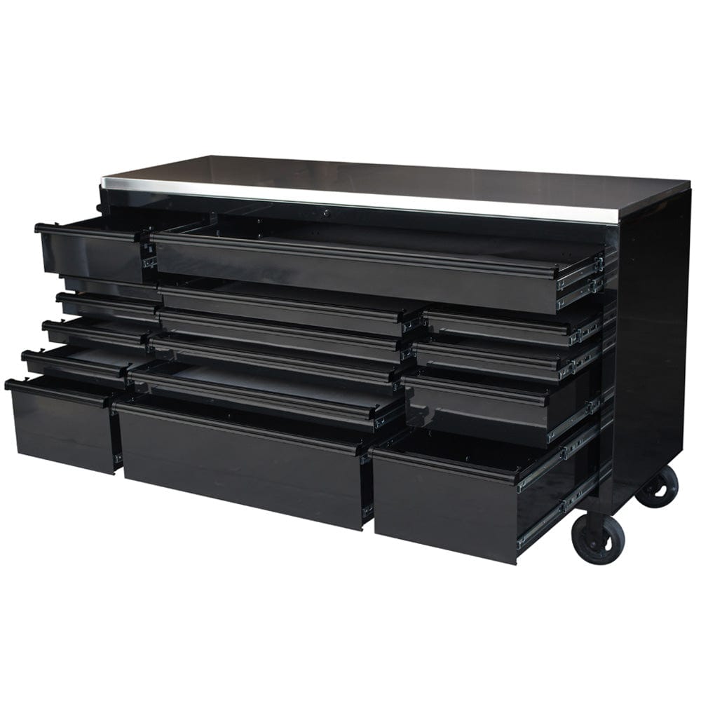 Maxim Pro Series 72” Workstation - 72” Roll cabinet +/- Stainless Steel Top MAXIM 72” Black 16 Drawer Roll Cabinet Toolbox