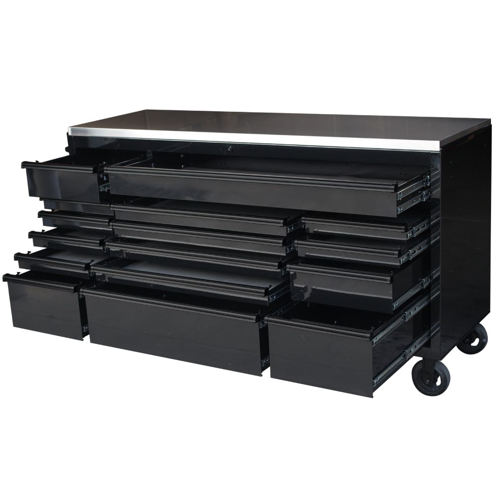 Maxim Pro Series 72” Workstation - 72” Roll cabinet +/- Stainless Steel Top MAXIM 72” Black 16 Drawer Roll Cabinet Toolbox