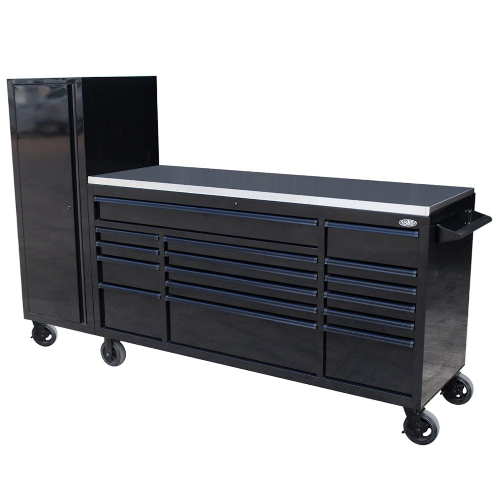 Maxim Pro Series 72” Workstation - 72” Roll cabinet +/- Stainless Steel Top MAXIM 72” Black 21 Drawers Roll Cabinet & Locker