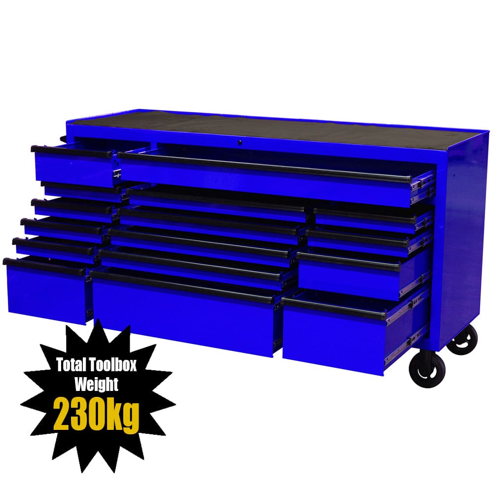 Maxim Pro Series 72” Workstation - 72” Roll cabinet +/- Stainless Steel Top MAXIM 72” Blue 16 Drawer Roll Cabinet Toolbox