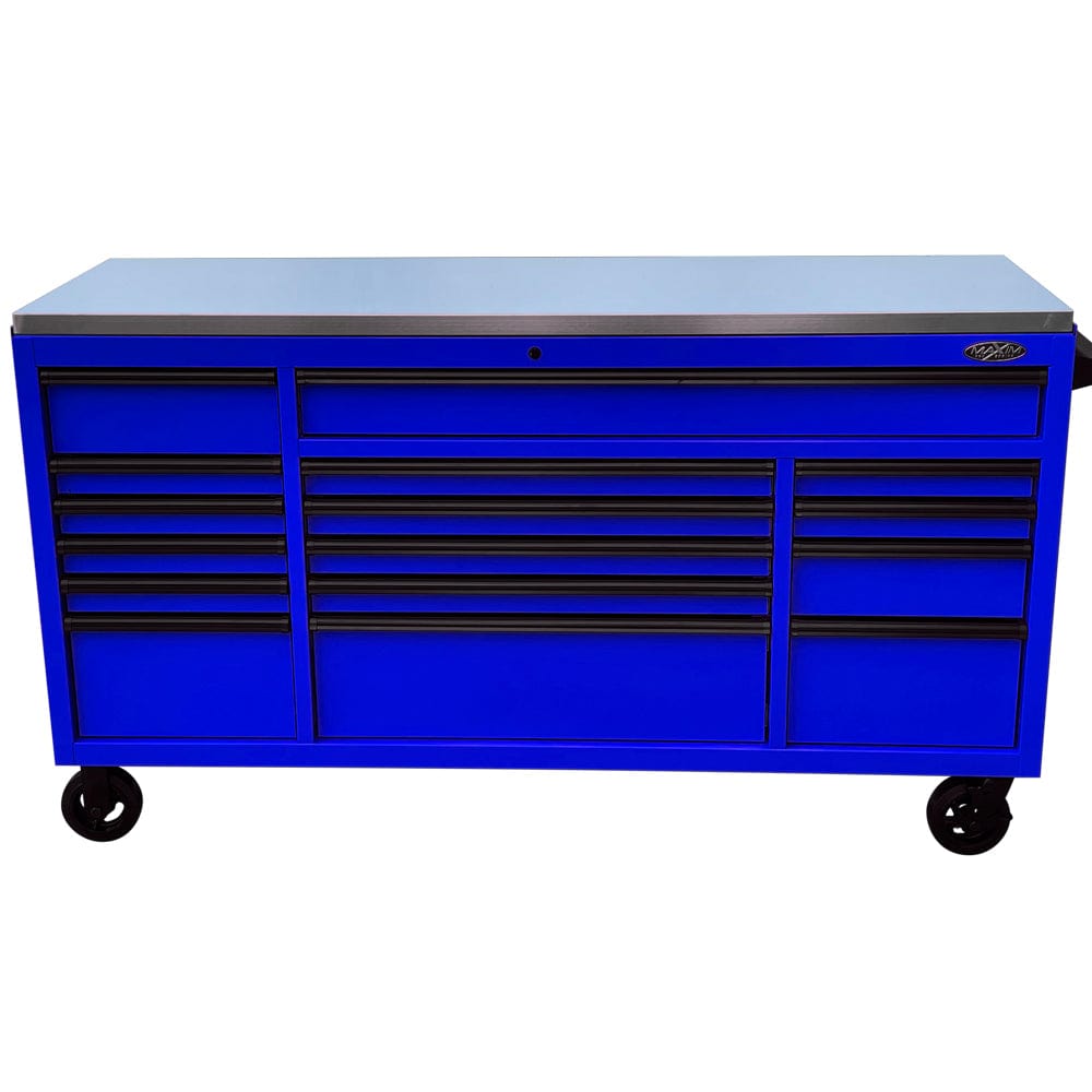 Maxim Pro Series 72” Workstation - 72” Roll cabinet +/- Stainless Steel Top MAXIM 72” Blue 16 Drawer Roll Cabinet Toolbox