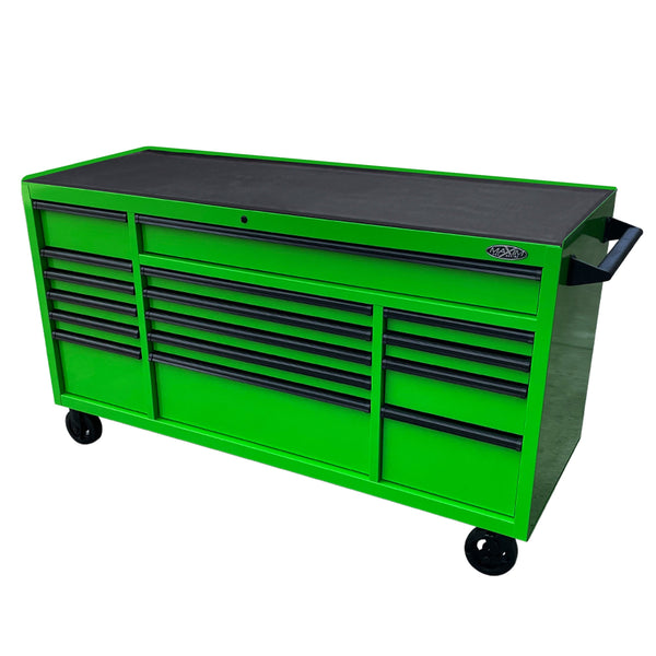 Maxim Pro Series 72” Workstation - 72” Roll cabinet +/- Stainless Steel Top MAXIM 72” Green 16 Drawer Roll Cabinet Toolbox