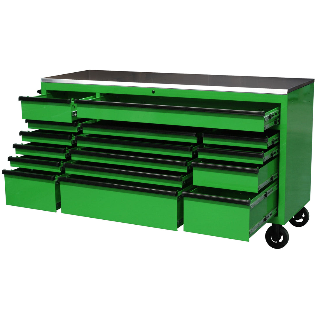 Maxim Pro Series 72” Workstation - 72” Roll cabinet +/- Stainless Steel Top MAXIM 72” Green 16 Drawer Roll Cabinet Toolbox