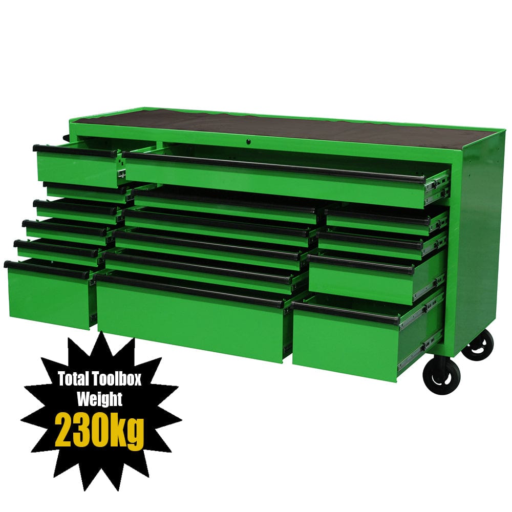 Maxim Pro Series 72” Workstation - 72” Roll cabinet +/- Stainless Steel Top MAXIM 72” Green 16 Drawer Roll Cabinet Toolbox