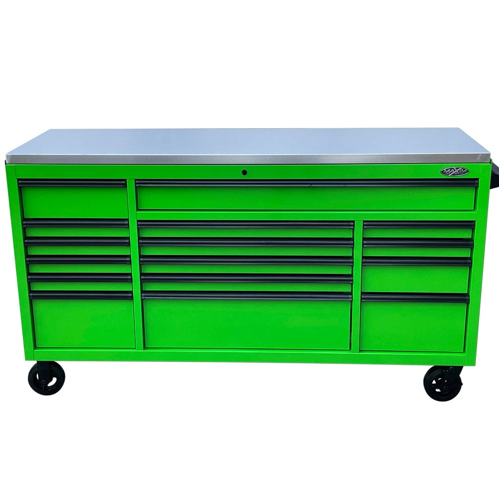 Maxim Pro Series 72” Workstation - 72” Roll cabinet +/- Stainless Steel Top MAXIM 72” Green 16 Drawer Roll Cabinet Toolbox