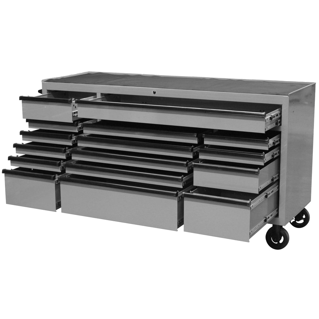 Maxim Pro Series 72” Workstation - 72” Roll cabinet +/- Stainless Steel Top MAXIM 72” Nardo Grey 16 Drawer Roll Cabinet Toolbox