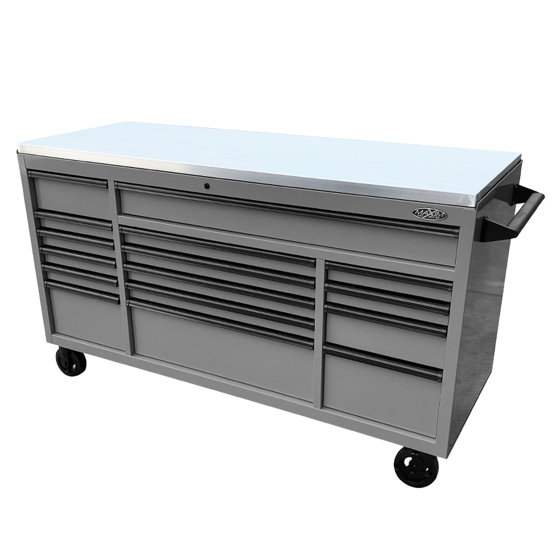 Maxim Pro Series 72” Workstation - 72” Roll cabinet +/- Stainless Steel Top MAXIM 72” Nardo Grey 16 Drawer Roll Cabinet Toolbox