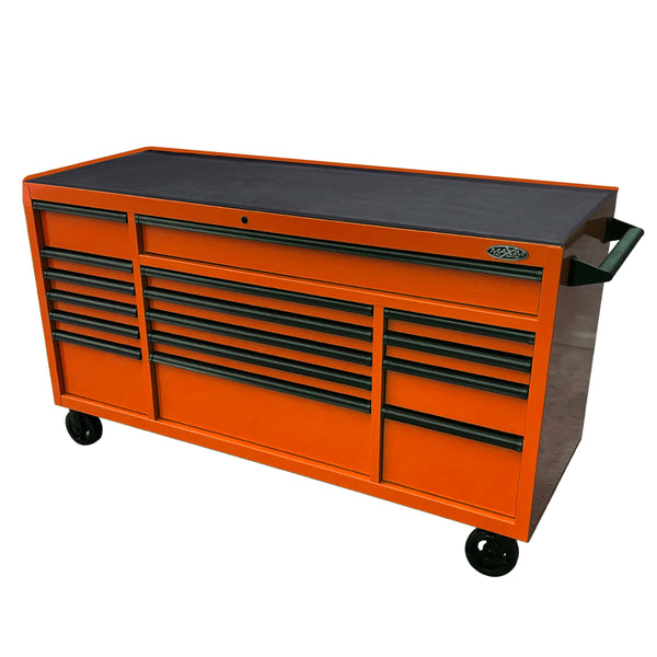 Maxim Pro Series 72” Workstation - 72” Roll cabinet +/- Stainless Steel Top MAXIM 72” Orange 16 Drawer Roll Cabinet Toolbox